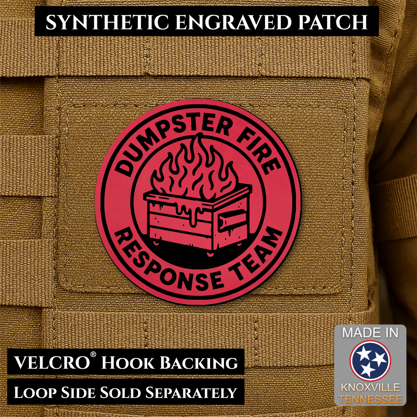 Red Dumpster Fire Response Team laser engraved morale patch featuring a flaming dumpster design