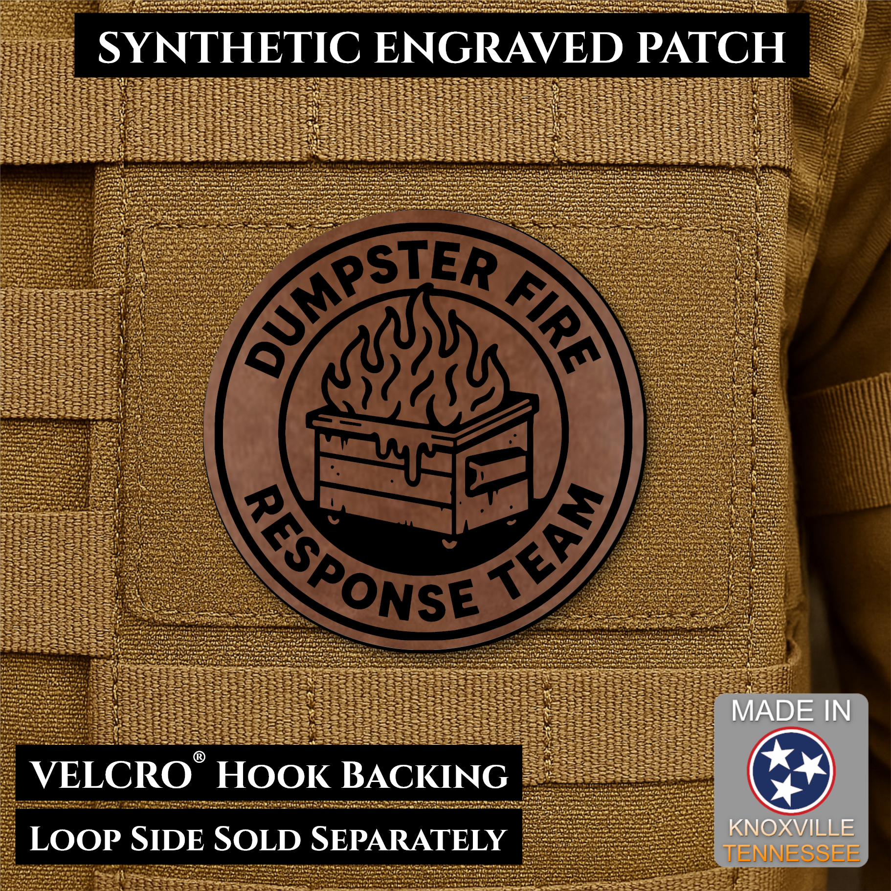 Walnut Leather Dumpster Fire Response Team laser engraved morale patch featuring a flaming dumpster design