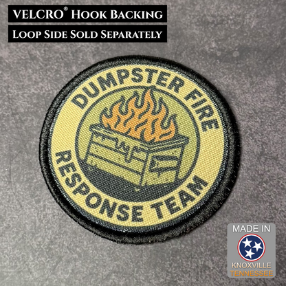 Patch with 'Dumpster Fire Response Team' design on a gray background, featuring VELCRO hook backing.