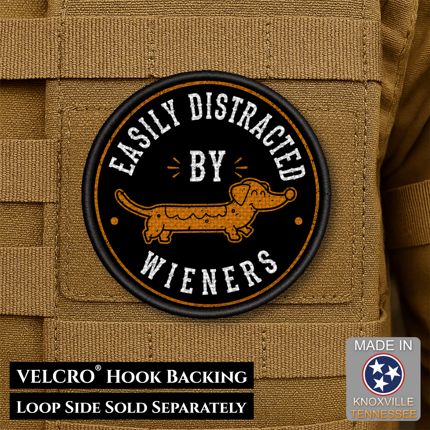 Easily Distracted By Wieners, Dachshund Funny Doxie Morale Patch, 3" Round | Made in USA | VELCRO® Brand Hook Backing