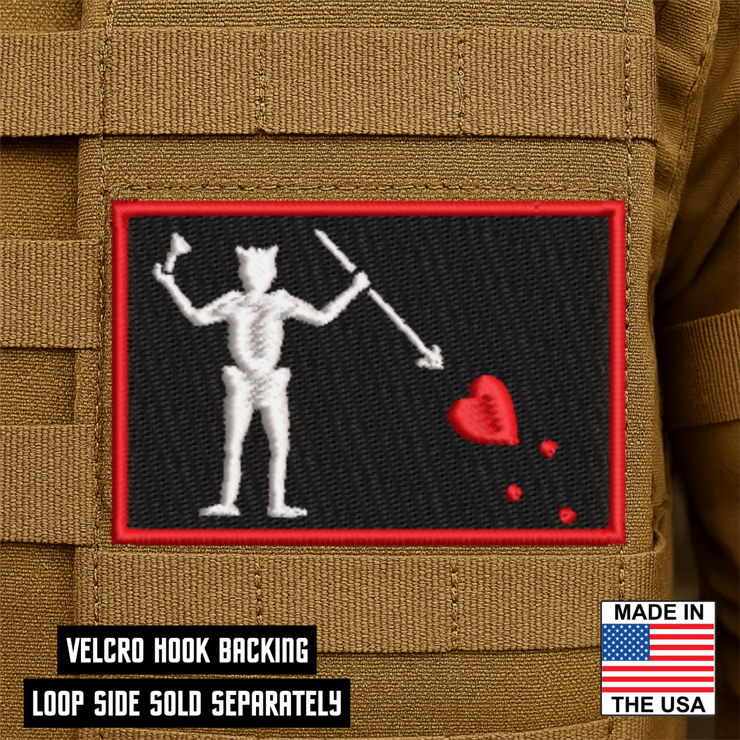 Blackbeard Pirate Flag Patch 2"x3" Hook & Loop | Made in USA