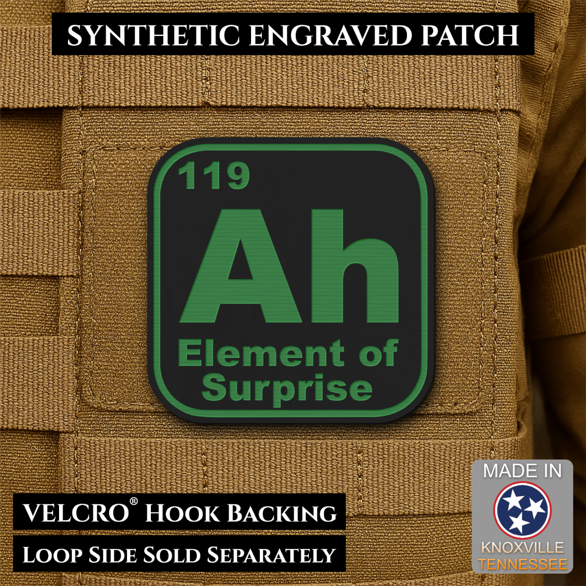 Ah, The Element of Surprise Funny Morale Patch, 2.5" | Made in USA | VELCRO® Brand Hook Backing