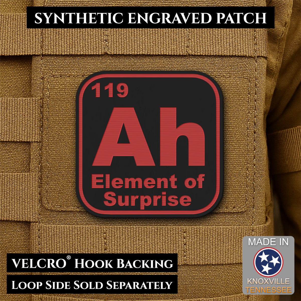 Ah, The Element of Surprise Funny Morale Patch, 2.5" | Made in USA | VELCRO® Brand Hook Backing