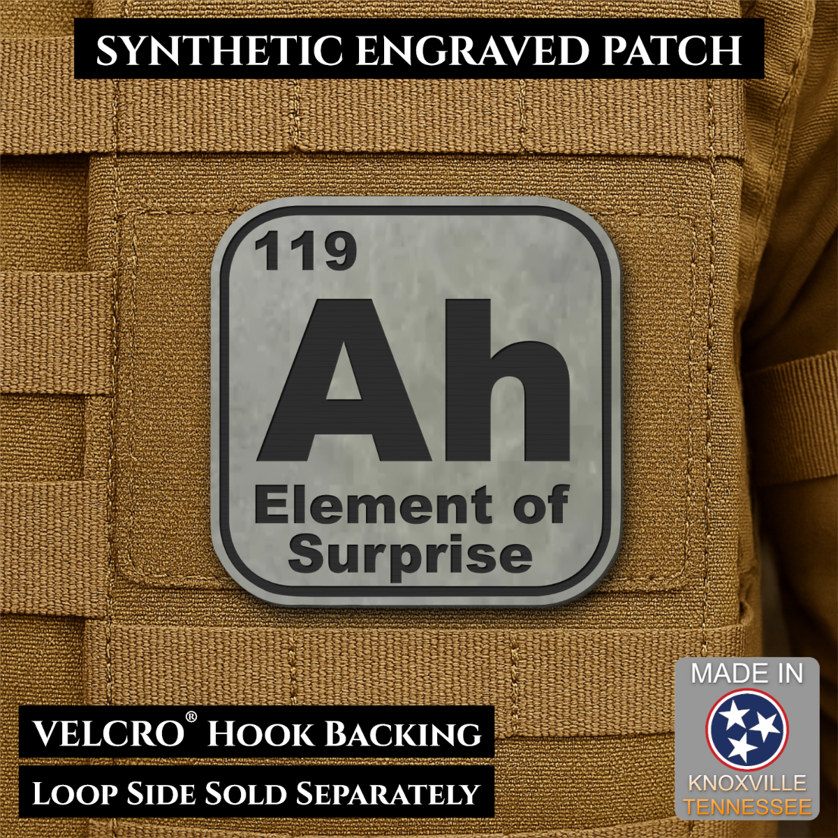 Ah, The Element of Surprise Funny Morale Patch, 2.5" | Made in USA | VELCRO® Brand Hook Backing