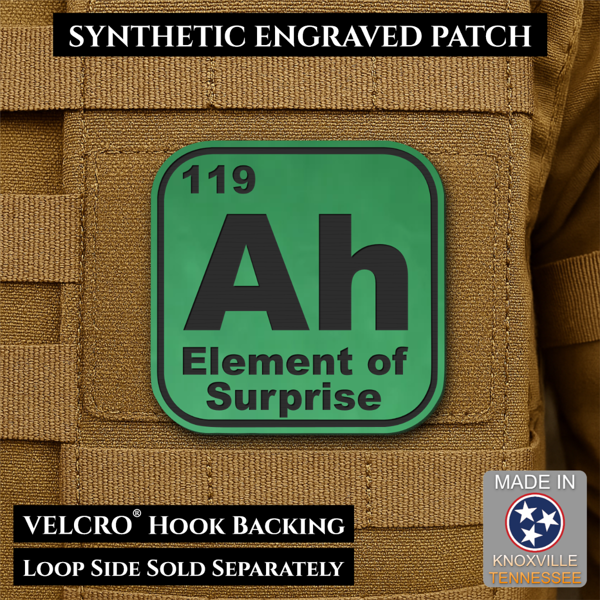 Ah, The Element of Surprise Funny Morale Patch, 2.5" | Made in USA | VELCRO® Brand Hook Backing