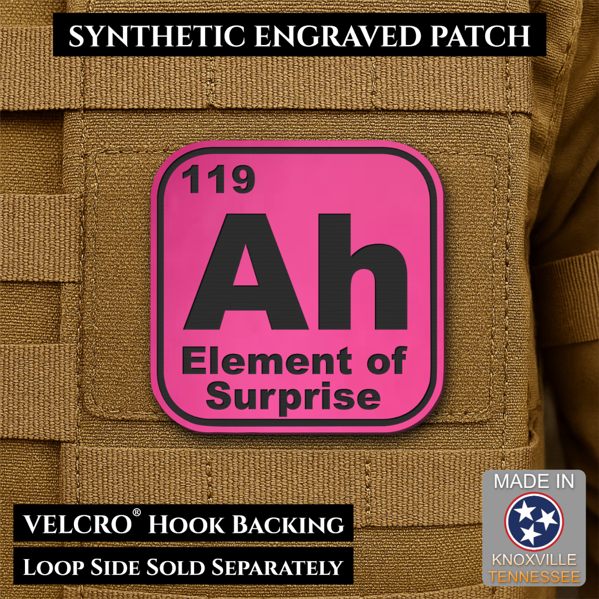 Ah, The Element of Surprise Funny Morale Patch, 2.5" | Made in USA | VELCRO® Brand Hook Backing