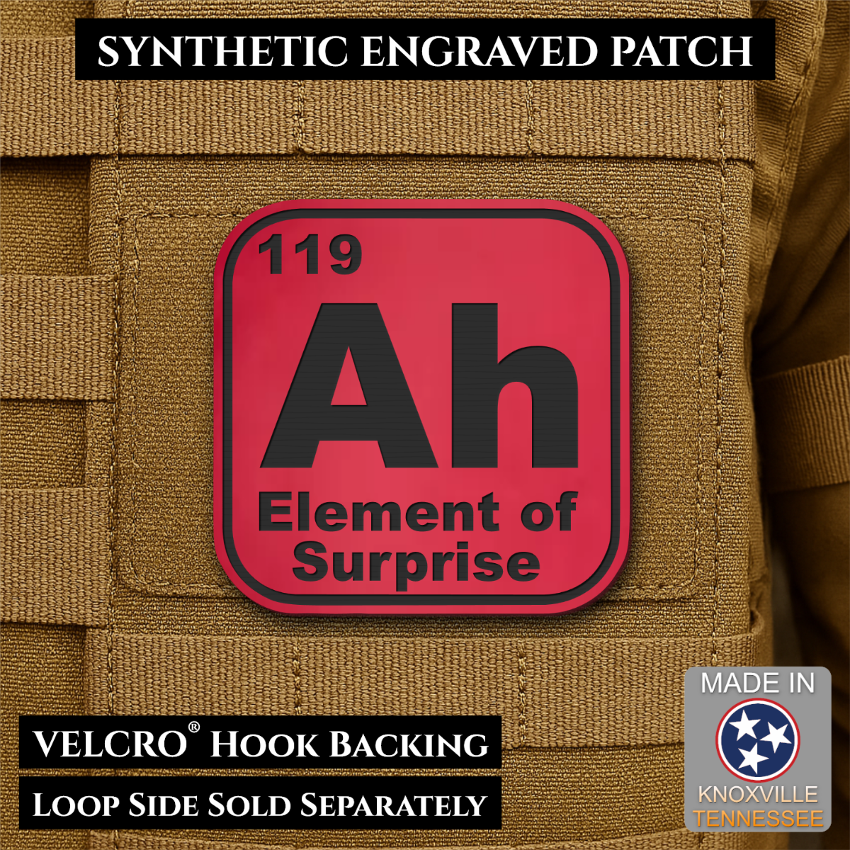 Ah, The Element of Surprise Funny Morale Patch, 2.5" | Made in USA | VELCRO® Brand Hook Backing