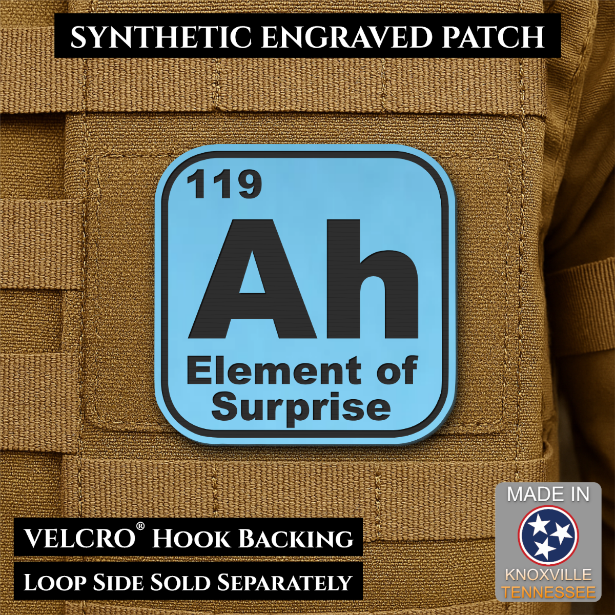 Ah, The Element of Surprise Funny Morale Patch, 2.5" | Made in USA | VELCRO® Brand Hook Backing