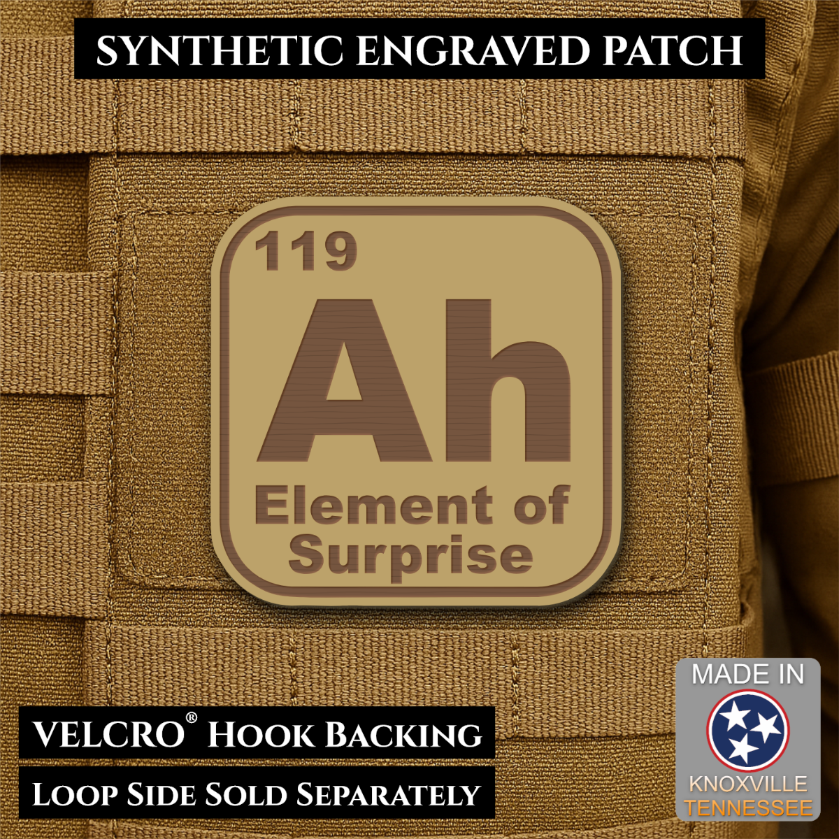 Ah, The Element of Surprise Funny Morale Patch, 2.5" | Made in USA | VELCRO® Brand Hook Backing
