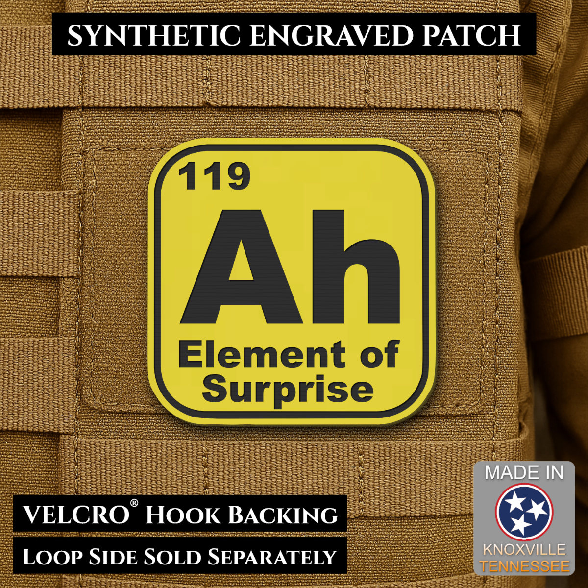 Ah, The Element of Surprise Funny Morale Patch, 2.5" | Made in USA | VELCRO® Brand Hook Backing