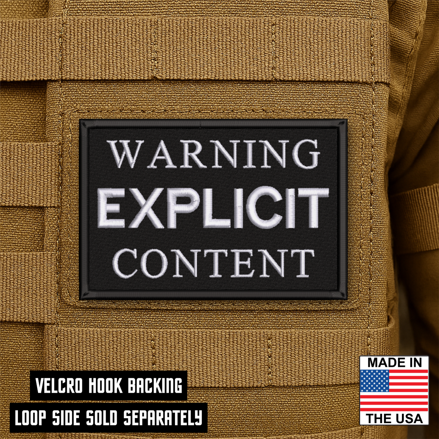 Explicit Content Warning Funny Morale Patch 2"x3" Hook & Loop | Made in USA