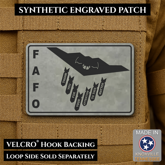Thank You For Your Attention To This Matter, B2 Bomber Funny Morale Patch, 2x3" | Made in USA | VELCRO® Brand Hook Backing