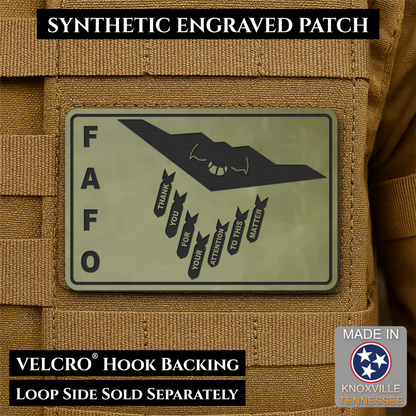 Thank You For Your Attention To This Matter, B2 Bomber Funny Morale Patch, 2x3" | Made in USA | VELCRO® Brand Hook Backing
