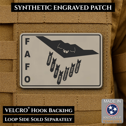 Thank You For Your Attention To This Matter, B2 Bomber Funny Morale Patch, 2x3" | Made in USA | VELCRO® Brand Hook Backing