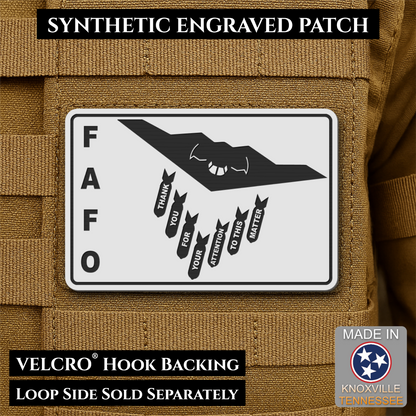 Thank You For Your Attention To This Matter, B2 Bomber Funny Morale Patch, 2x3" | Made in USA | VELCRO® Brand Hook Backing