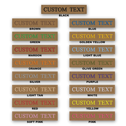 A color-options chart showing multiple rectangular patches with the words 'CUSTOM TEXT' in different colors, arranged in two columns on a white background. The top patch is labeled 'CUSTOM TEXT' and 'BLACK', and the patches below show alternative text colors including brown, blue, green, golden yellow, maroon, light blue, orange, olive green, silver, purple, light tan, white, red, yellow, and soft pink.