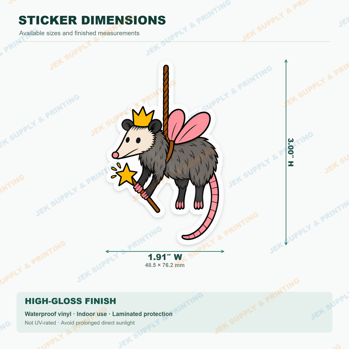 Fairy Godpossum vinyl decal, 3 inch height dimension guide