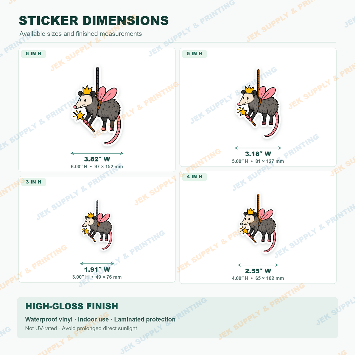 Fairy Godpossum sticker size comparison, 3, 4, 5, 6 inch height options