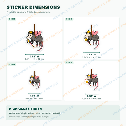 Fairy Godpossum sticker size comparison, 3, 4, 5, 6 inch height options