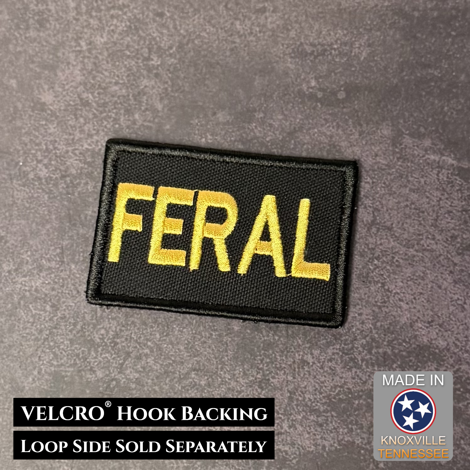 Black embroidered Feral morale patch with gold lettering and VELCRO hook backing made in the USA