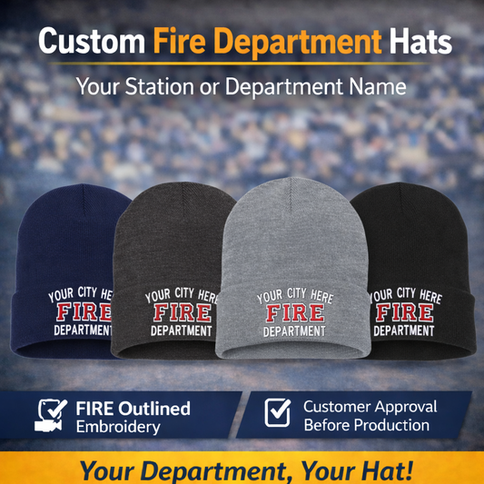 Custom Fire Department Beanies – FIRE Outline Embroidery | Station & Department Names