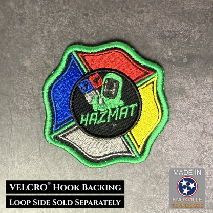 Fire Department HAZMAT Team embroidered morale patch featuring a gas mask and multi-color Maltese cross design