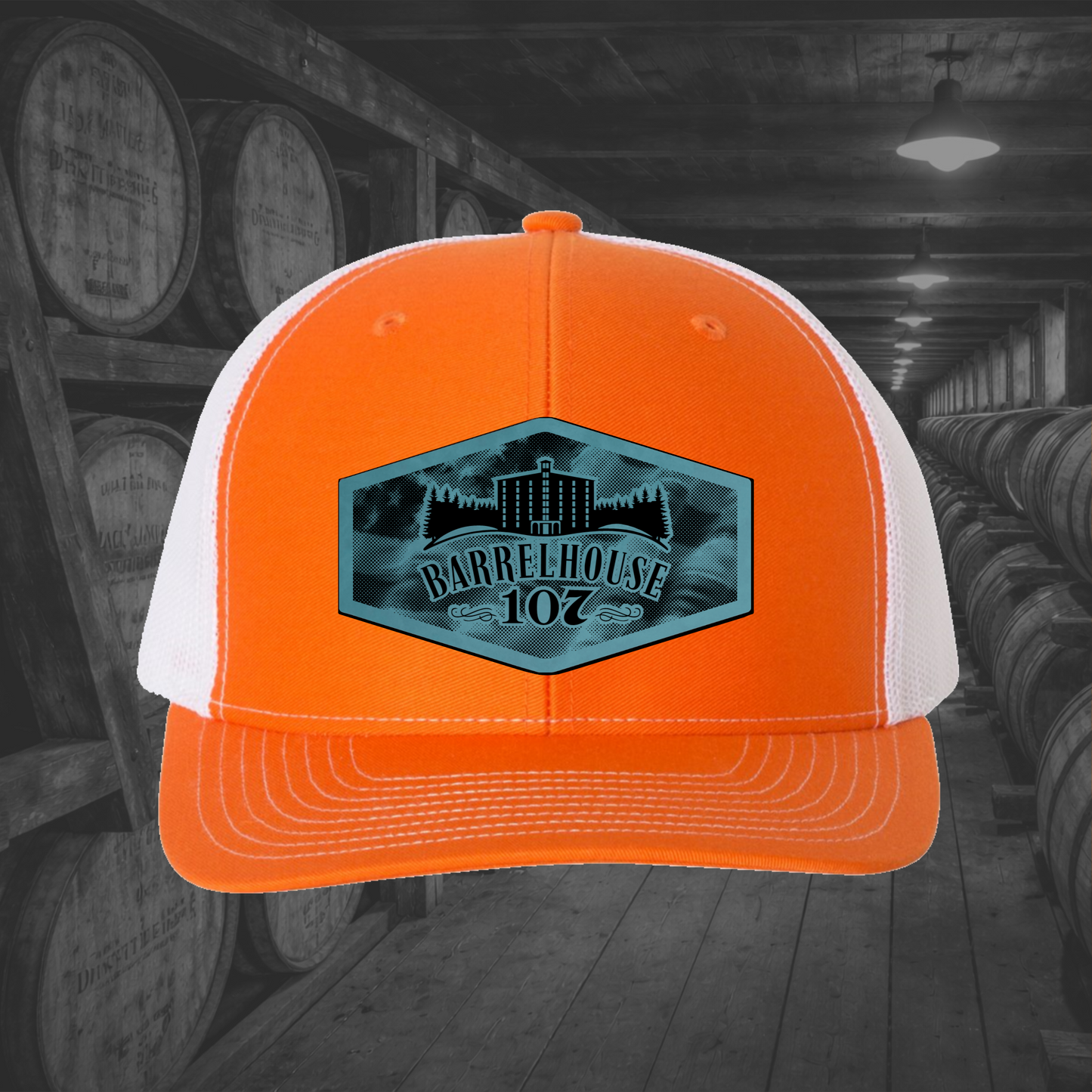 Barrelhouse 107 American Flag Background Engraved Leather Patch Hats
