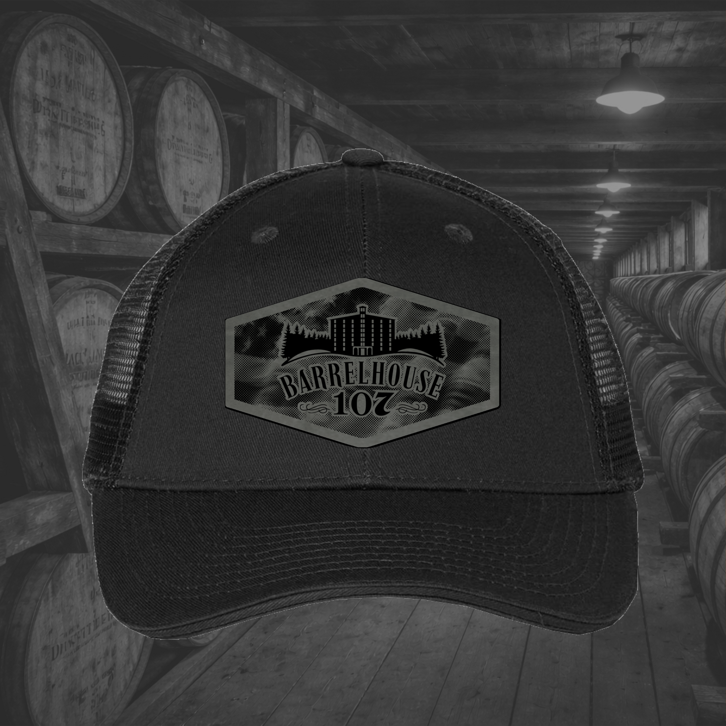 Barrelhouse 107 American Flag Background Engraved Leather Patch Hats