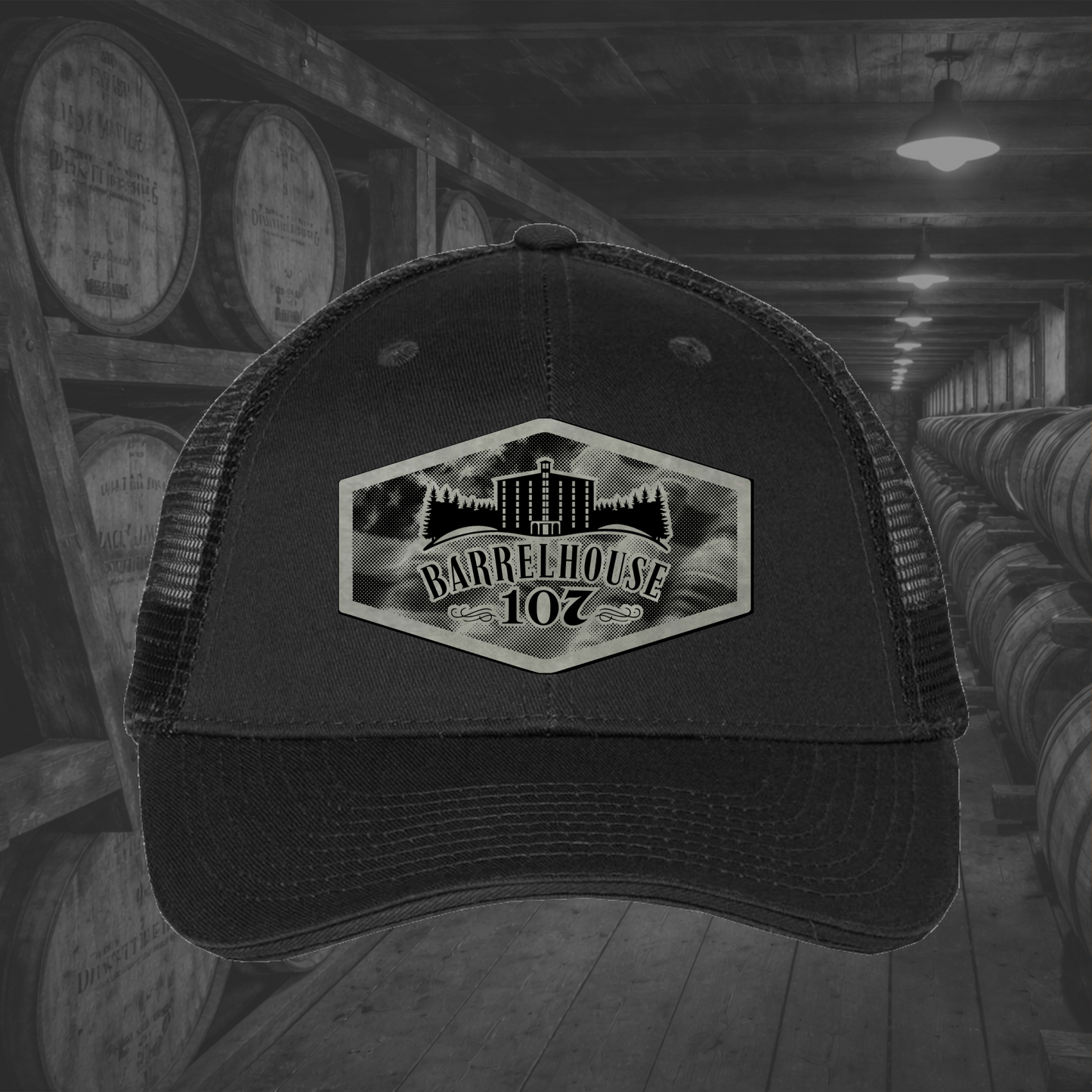 Barrelhouse 107 American Flag Background Engraved Leather Patch Hats