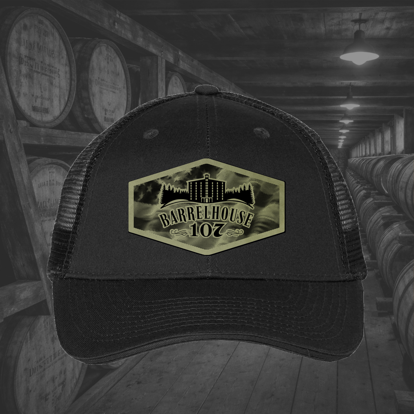 Barrelhouse 107 American Flag Background Engraved Leather Patch Hats