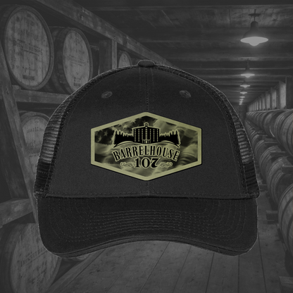 Barrelhouse 107 American Flag Background Engraved Leather Patch Hats