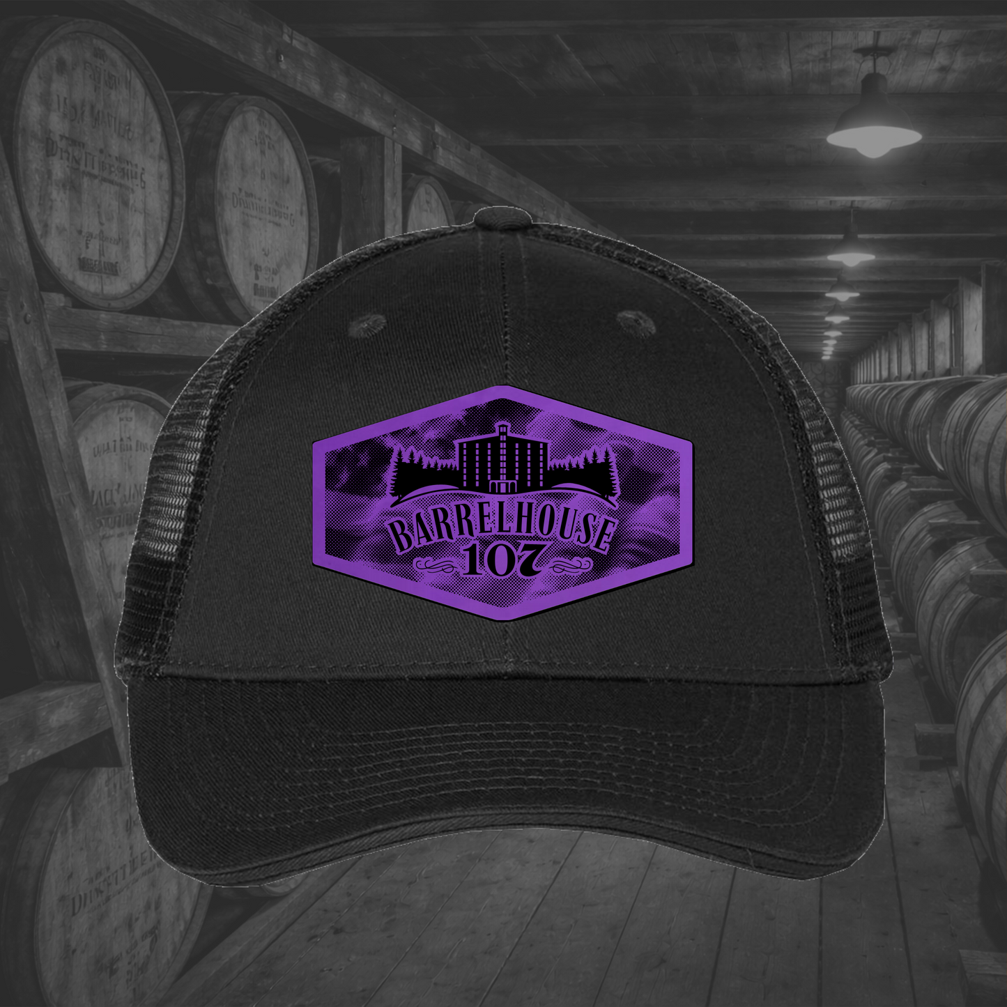 Barrelhouse 107 American Flag Background Engraved Leather Patch Hats