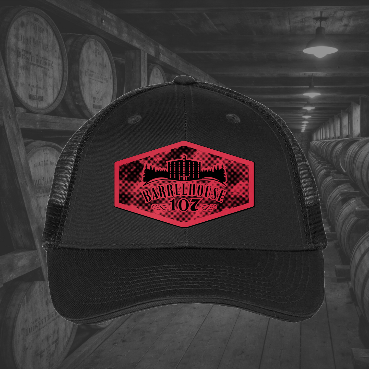 Barrelhouse 107 American Flag Background Engraved Leather Patch Hats