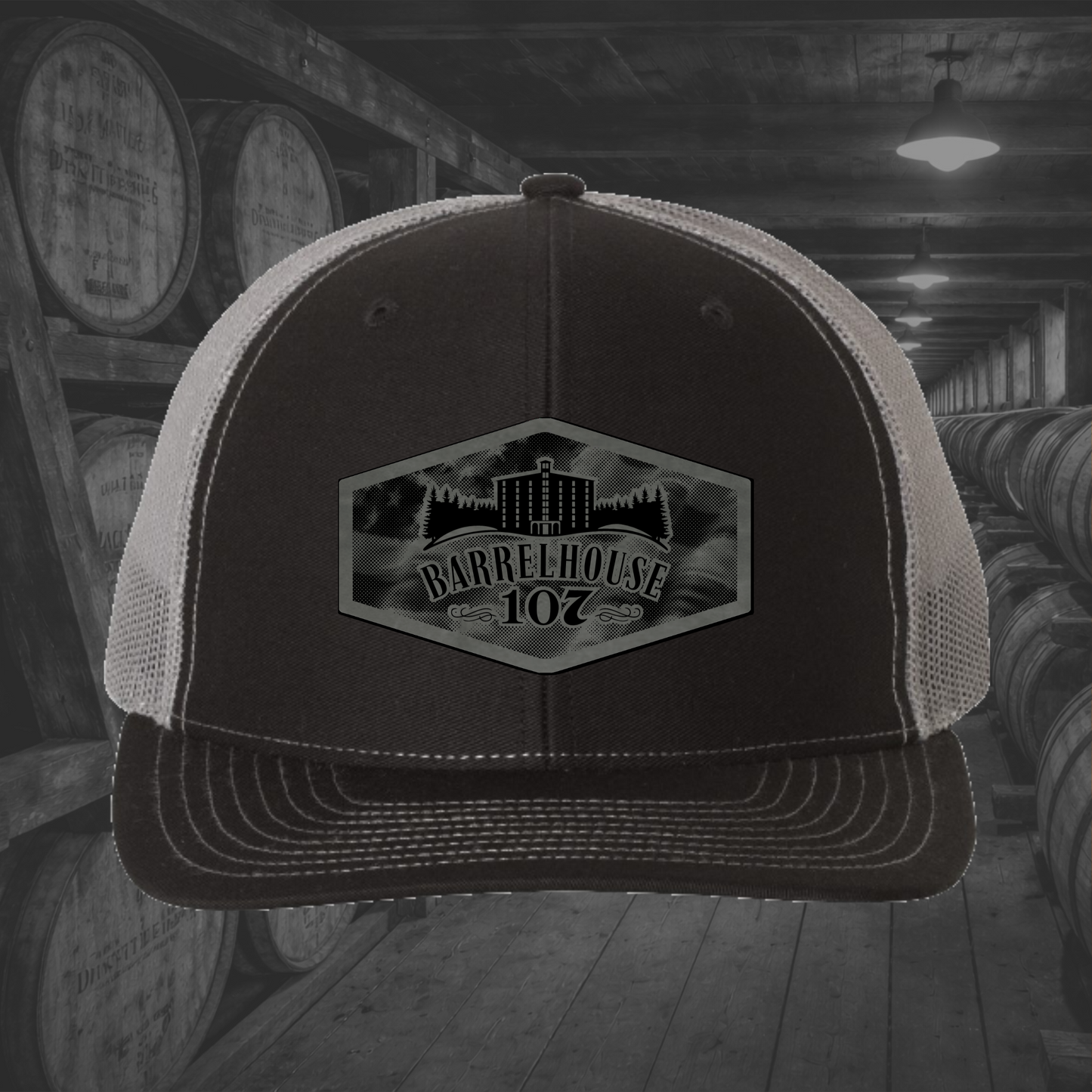 Barrelhouse 107 American Flag Background Engraved Leather Patch Hats