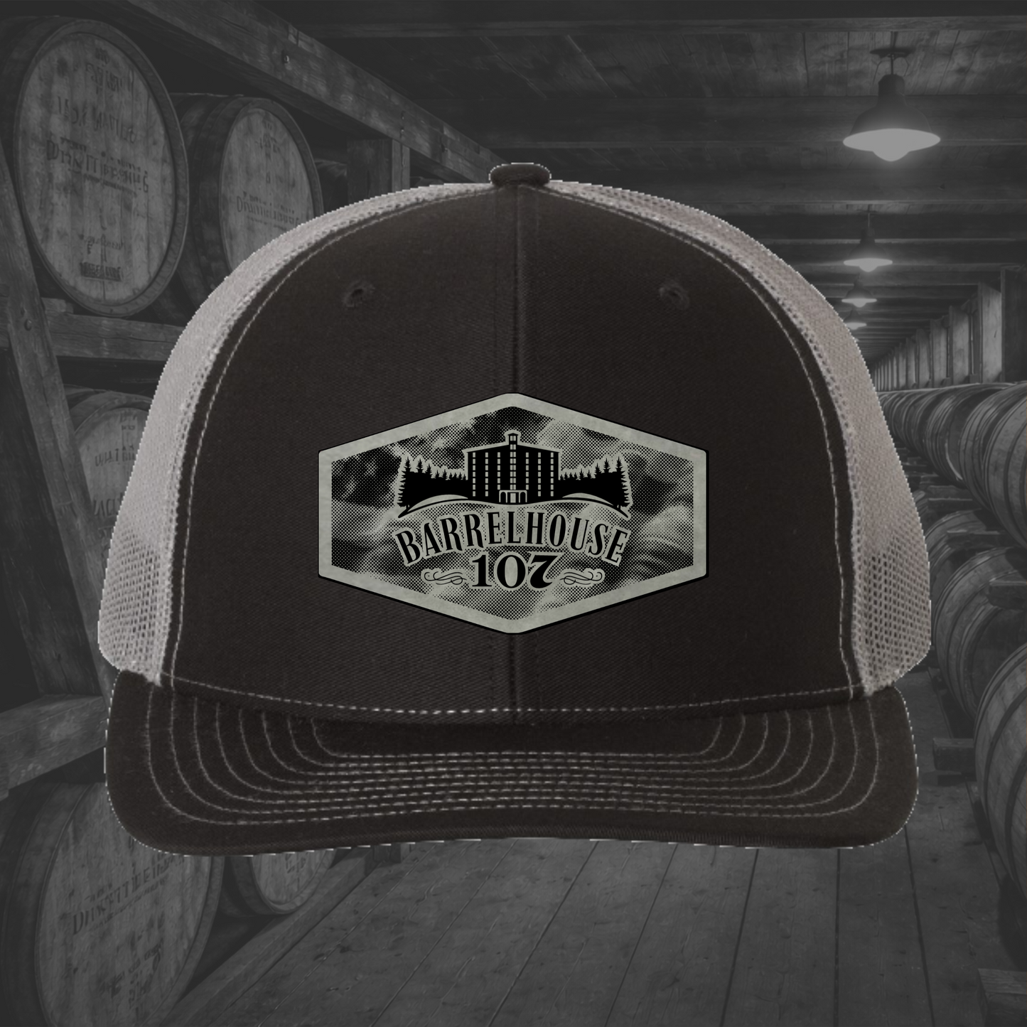 Barrelhouse 107 American Flag Background Engraved Leather Patch Hats