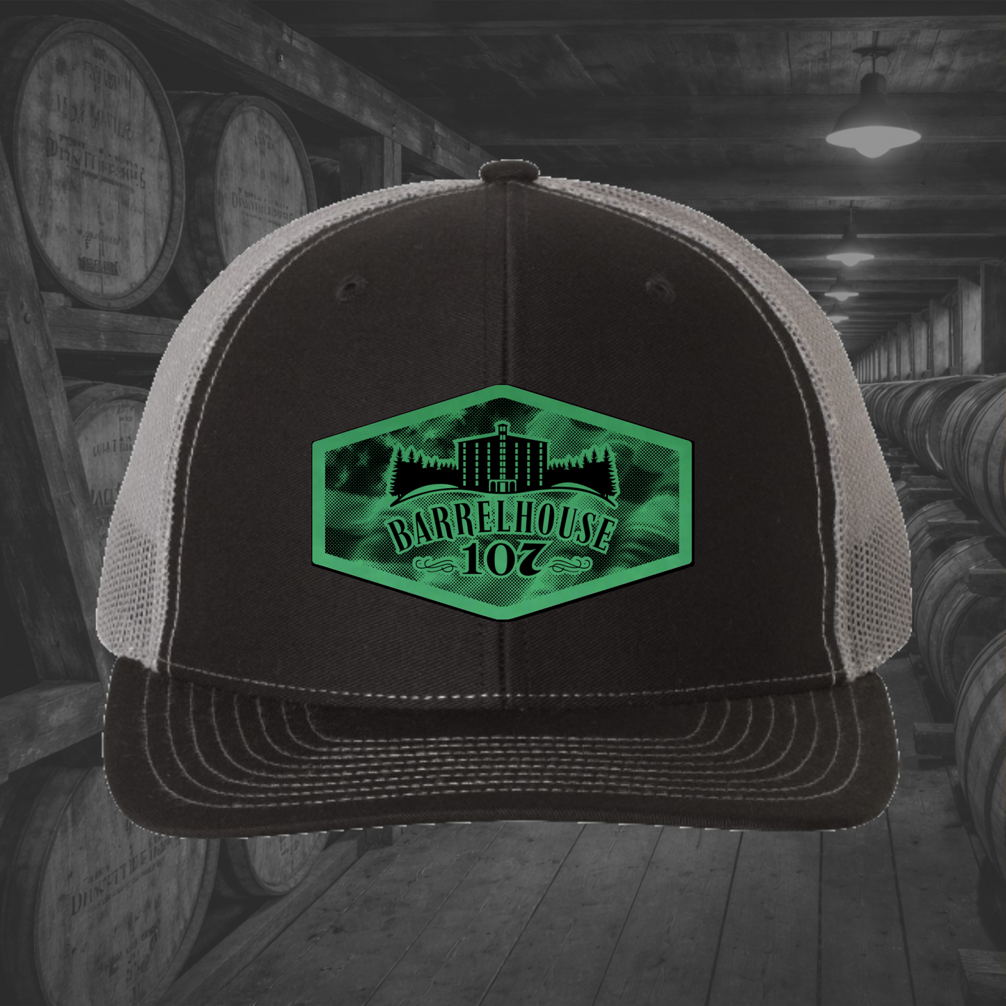 Barrelhouse 107 American Flag Background Engraved Leather Patch Hats