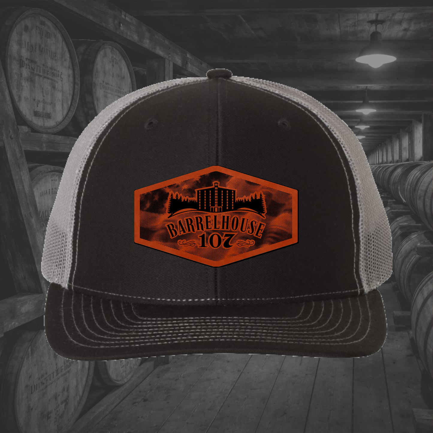 Barrelhouse 107 American Flag Background Engraved Leather Patch Hats