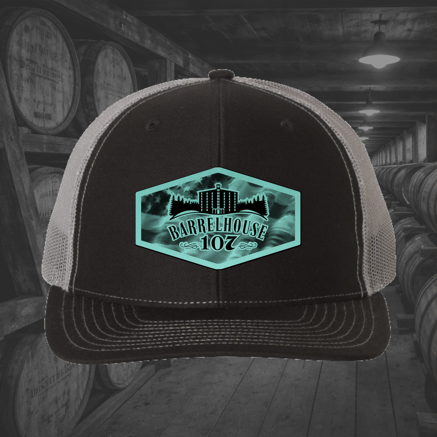 Barrelhouse 107 American Flag Background Engraved Leather Patch Hats