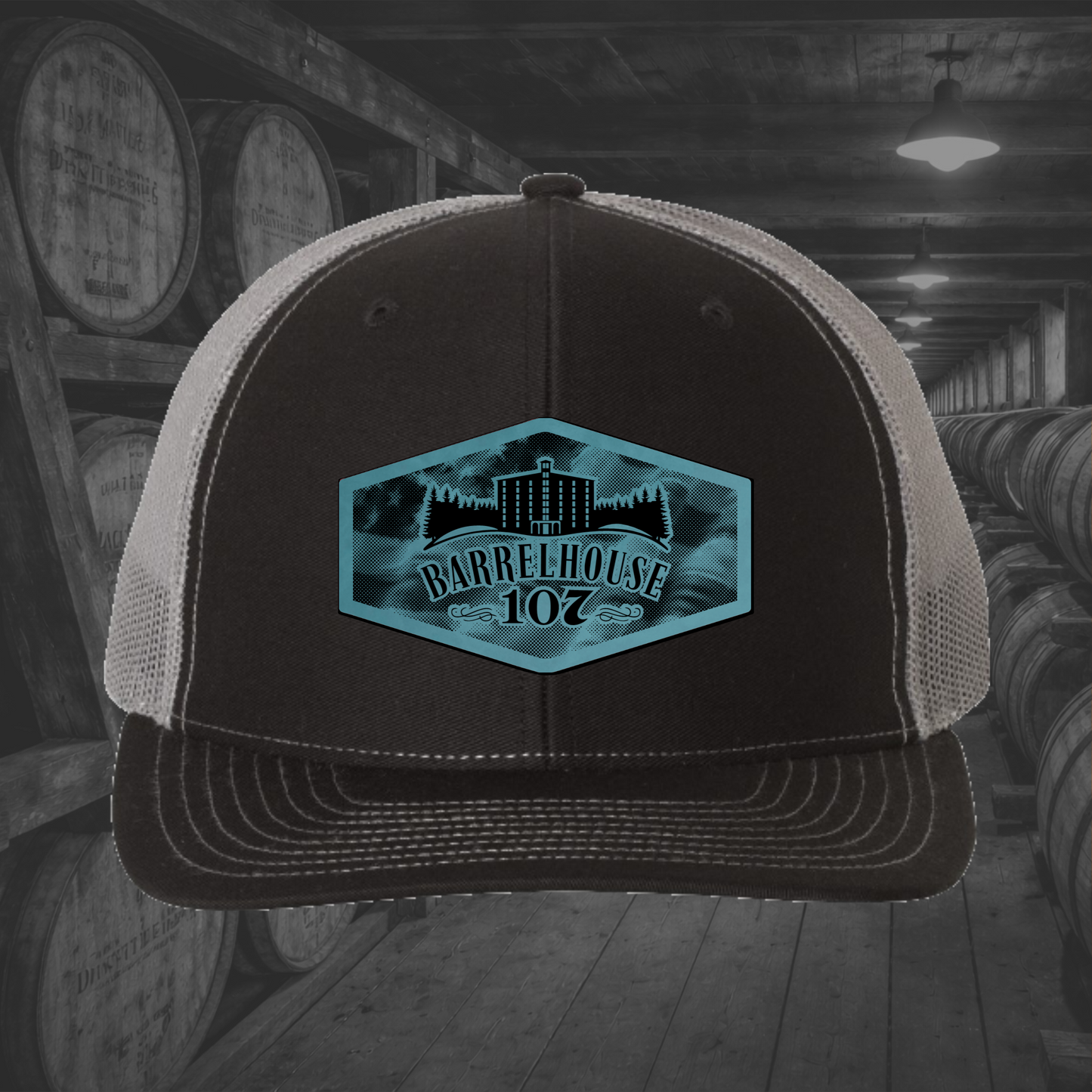 Barrelhouse 107 American Flag Background Engraved Leather Patch Hats