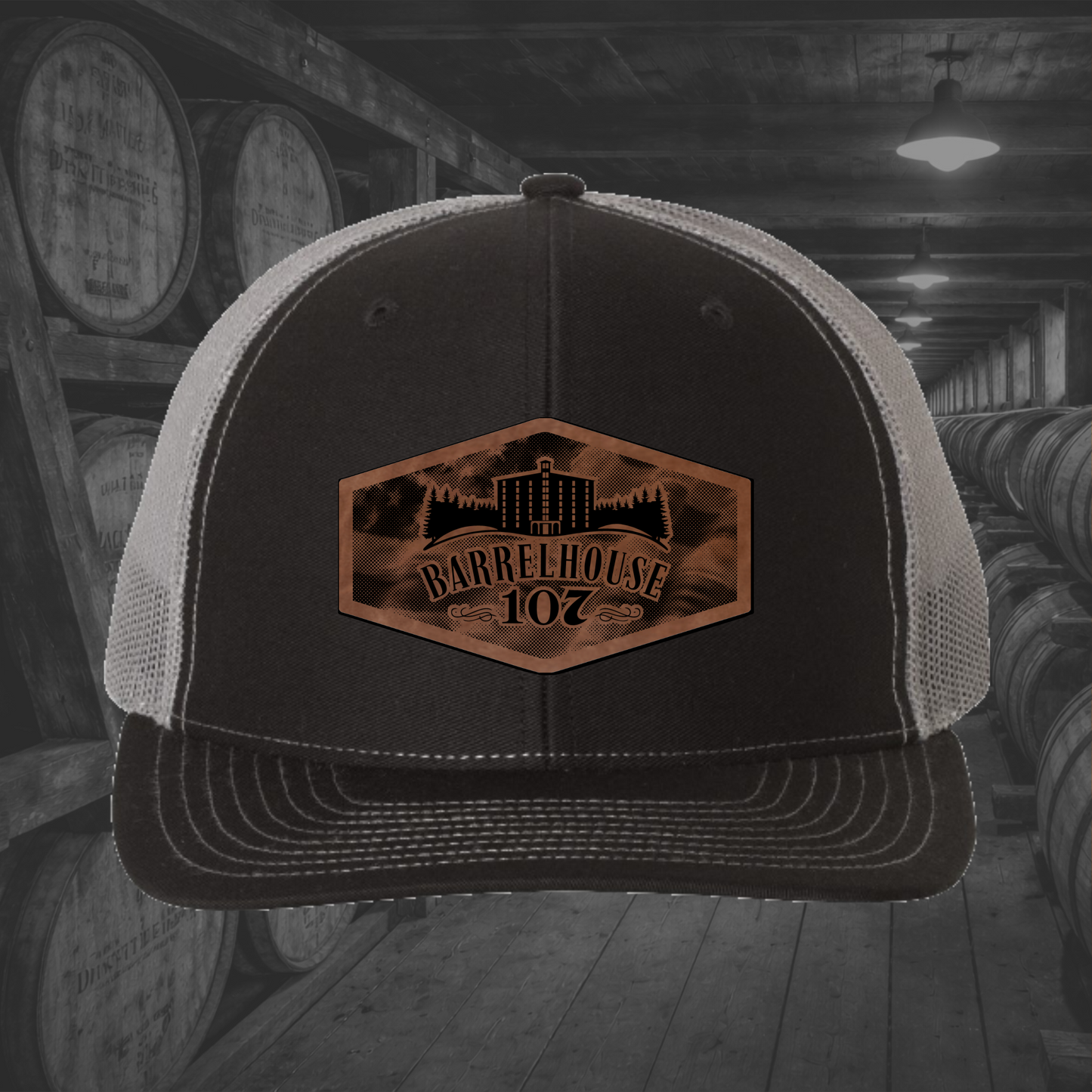 Barrelhouse 107 American Flag Background Engraved Leather Patch Hats