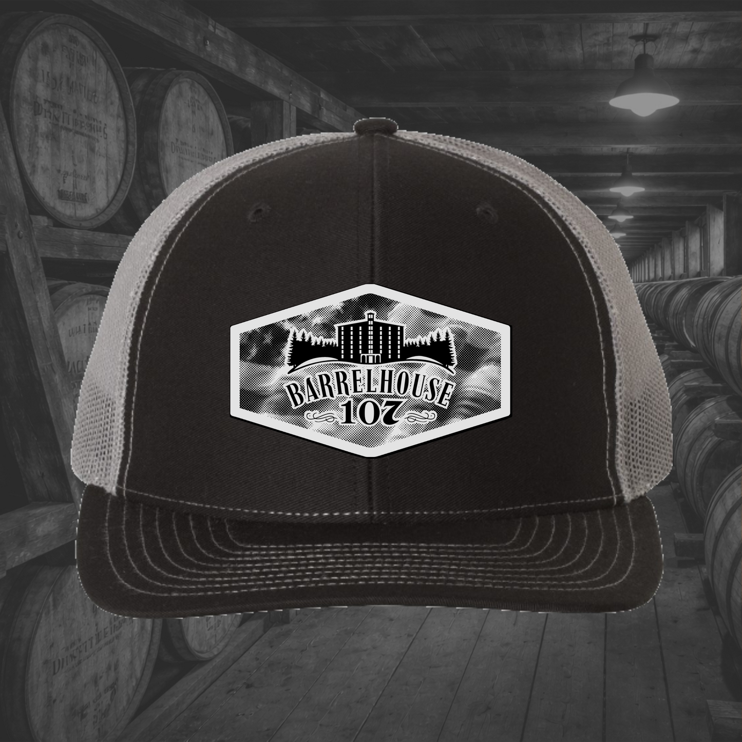 Barrelhouse 107 American Flag Background Engraved Leather Patch Hats