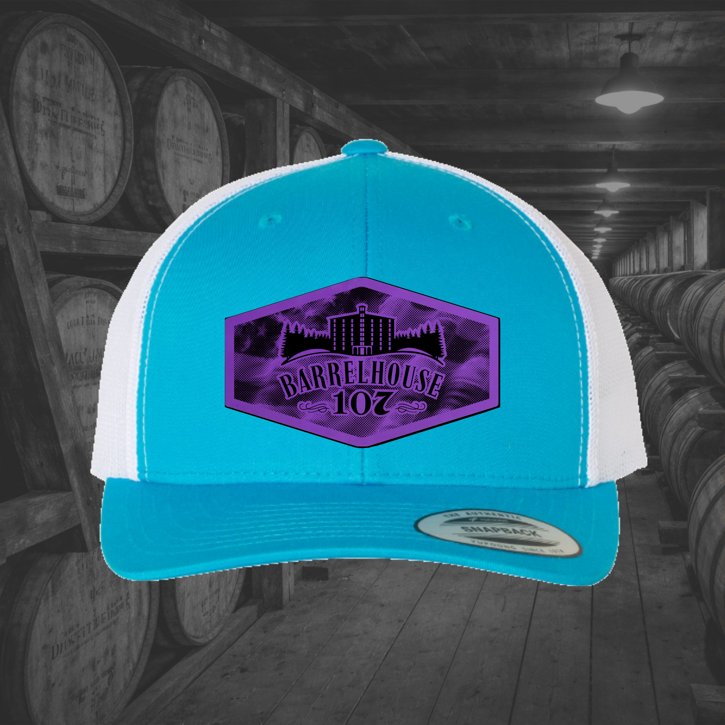Barrelhouse 107 American Flag Background Engraved Leather Patch Hats