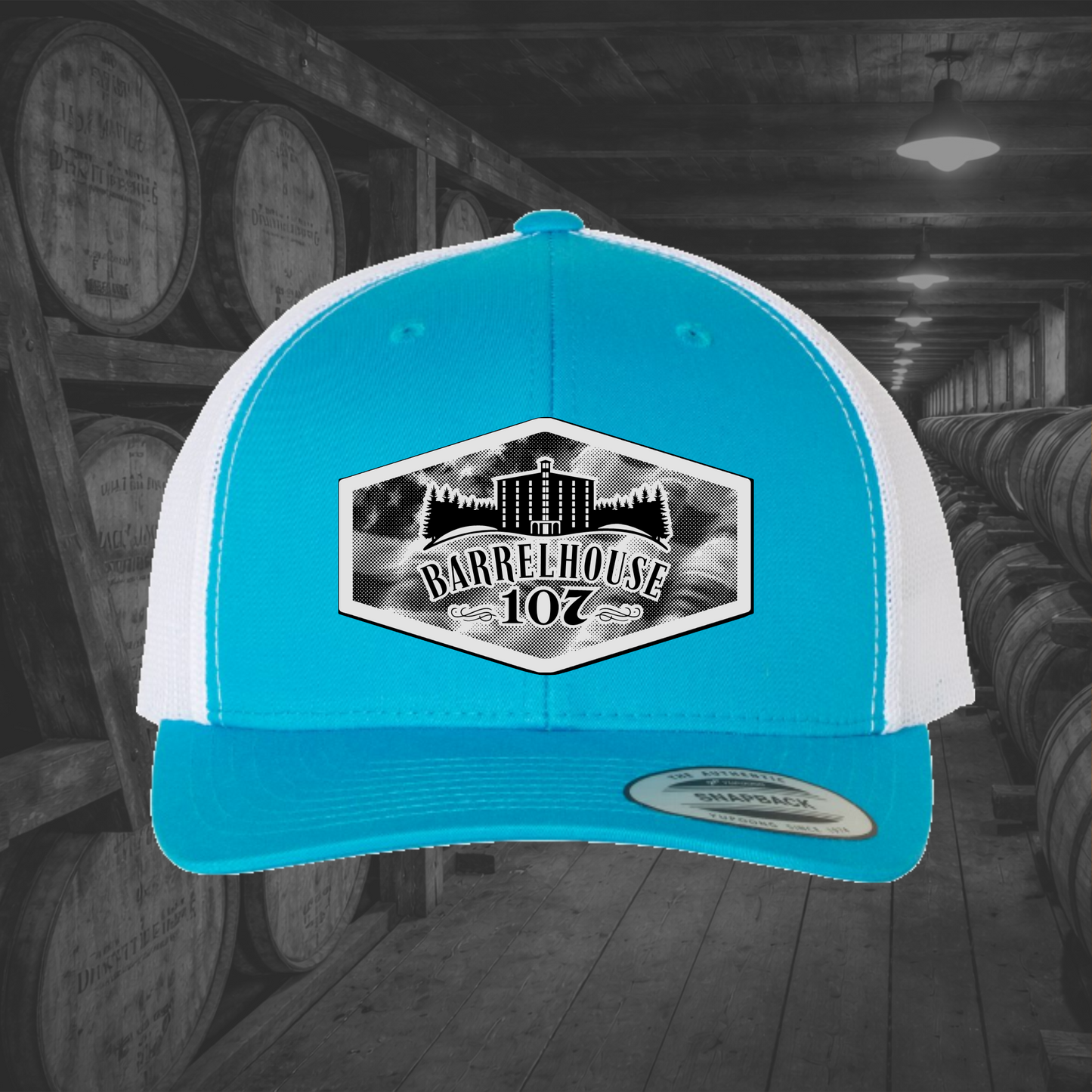 Barrelhouse 107 American Flag Background Engraved Leather Patch Hats