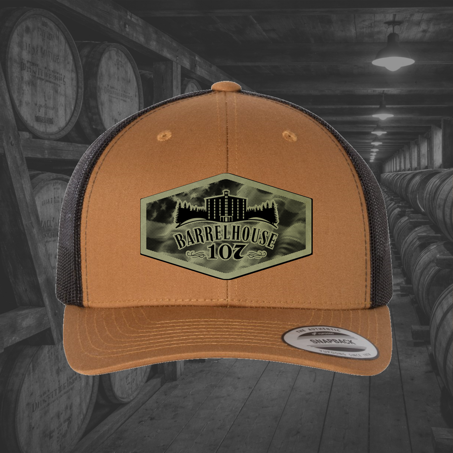 Barrelhouse 107 American Flag Background Engraved Leather Patch Hats