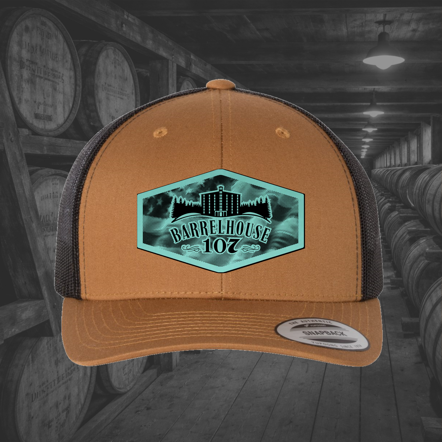 Barrelhouse 107 American Flag Background Engraved Leather Patch Hats