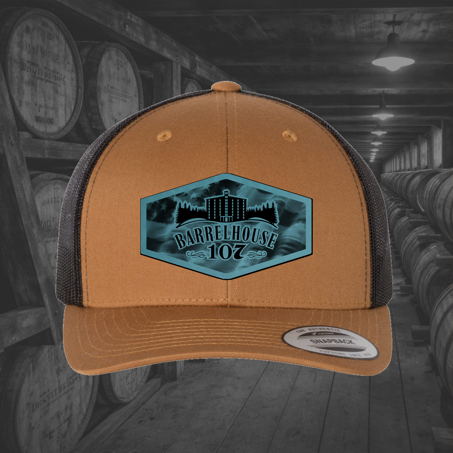 Barrelhouse 107 American Flag Background Engraved Leather Patch Hats