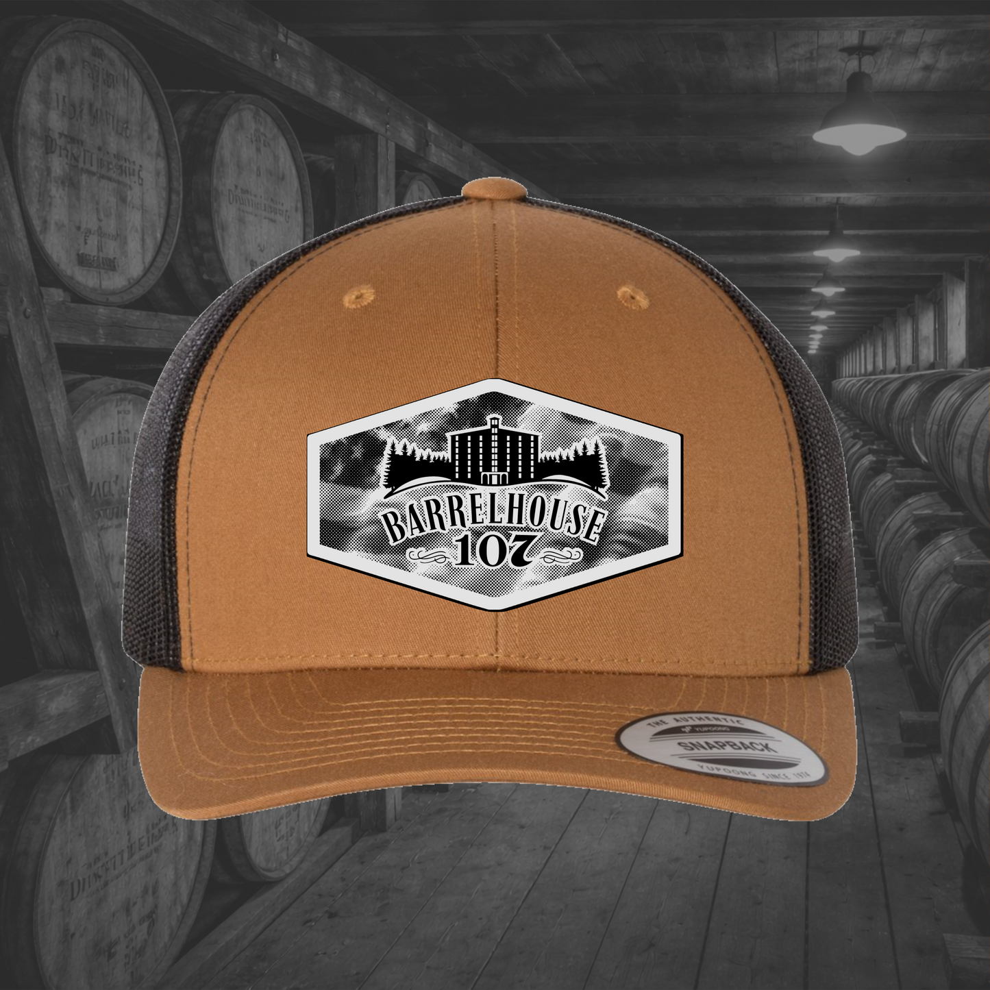 Barrelhouse 107 American Flag Background Engraved Leather Patch Hats