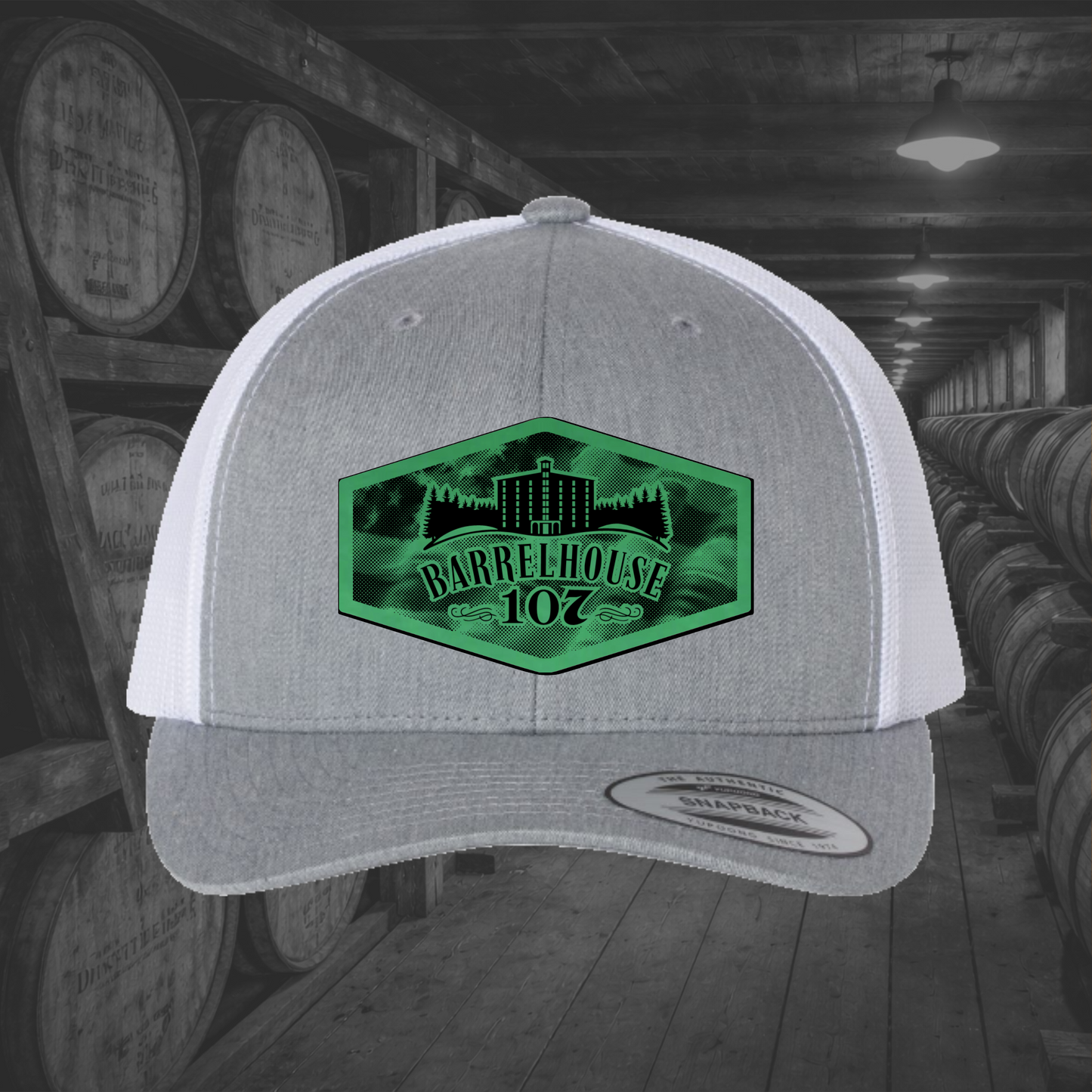 Barrelhouse 107 American Flag Background Engraved Leather Patch Hats