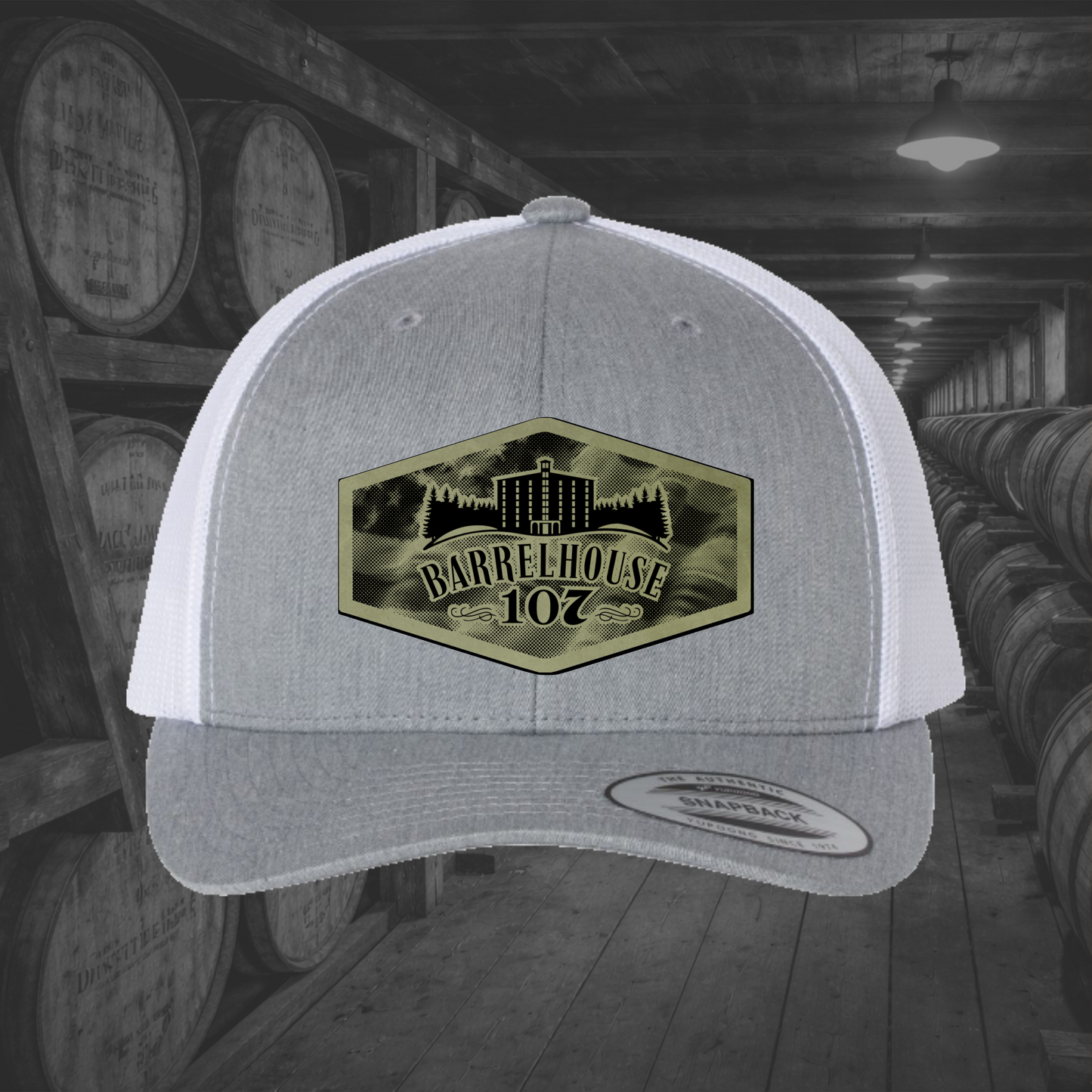 Barrelhouse 107 American Flag Background Engraved Leather Patch Hats