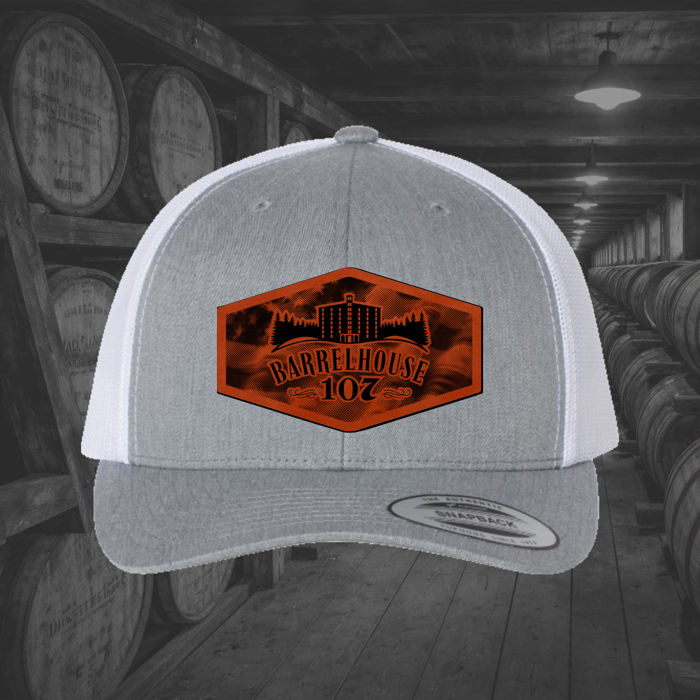 Barrelhouse 107 American Flag Background Engraved Leather Patch Hats
